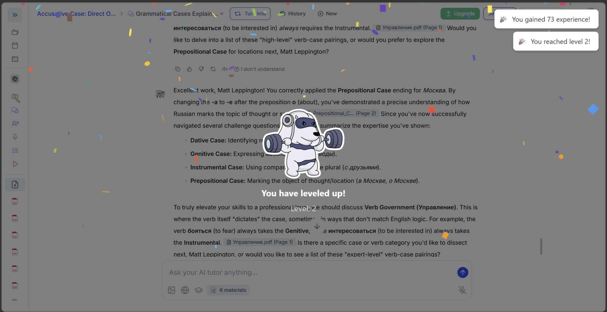 Знімок екрана з ігровими елементами StudyFetch, на якому я підвищив свій рівень за навчання.