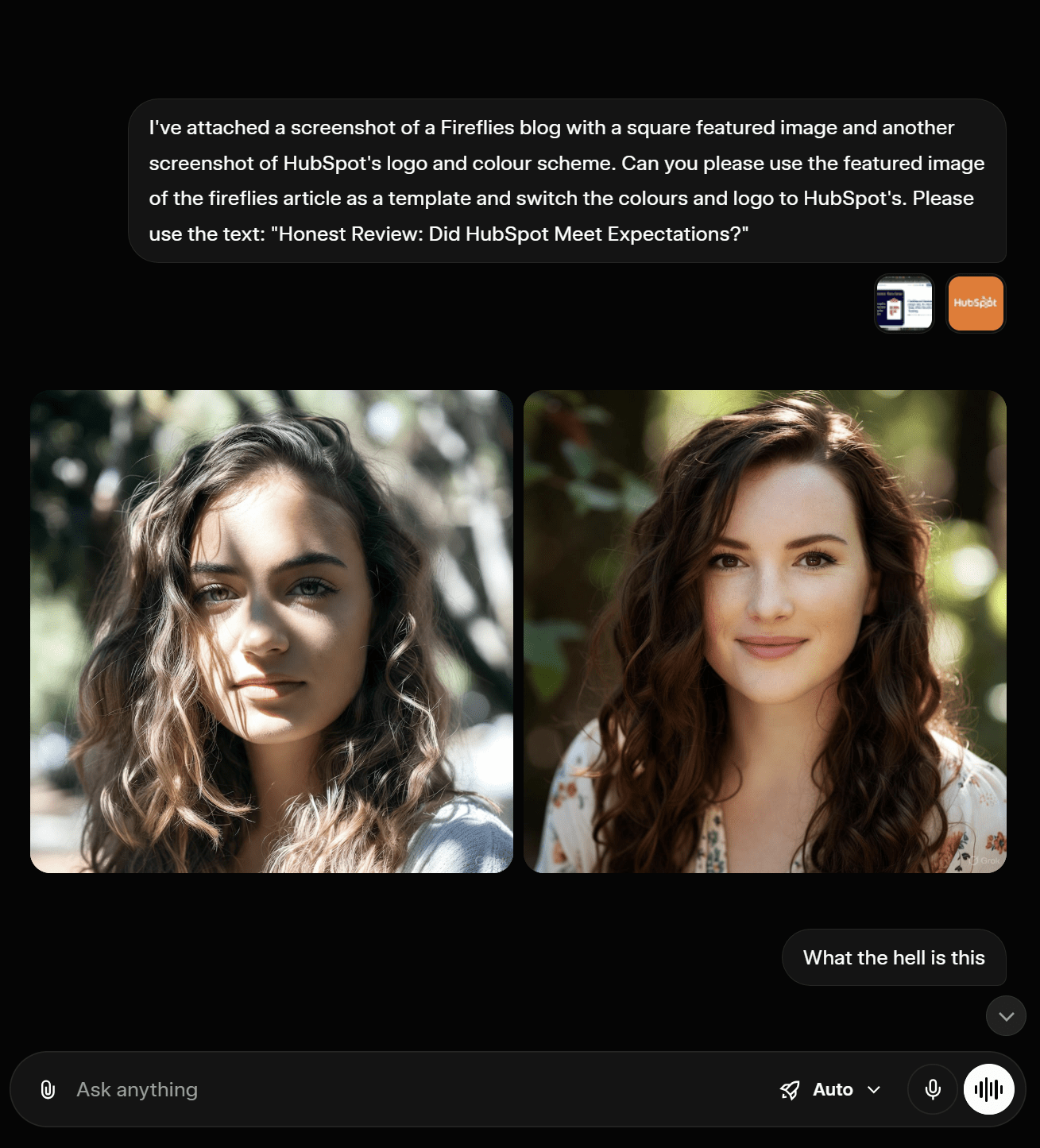 Il tentativo fallito di Grok di generare un'immagine nel 2025, in cui ha prodotto foto di donne invece della grafica richiesta sul tema HubSpot.