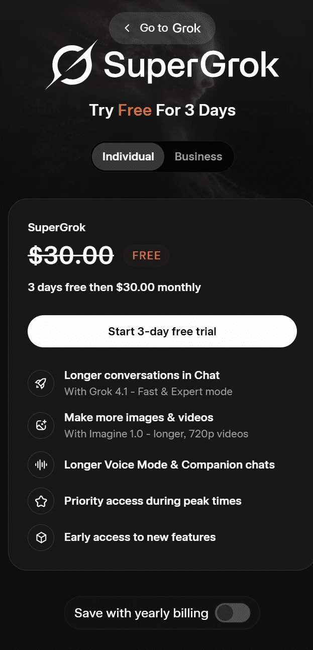 Il piano tariffario individuale di Grok AI, SuperGrok, è disponibile a 30 $ al mese con una prova gratuita di 3 giorni.