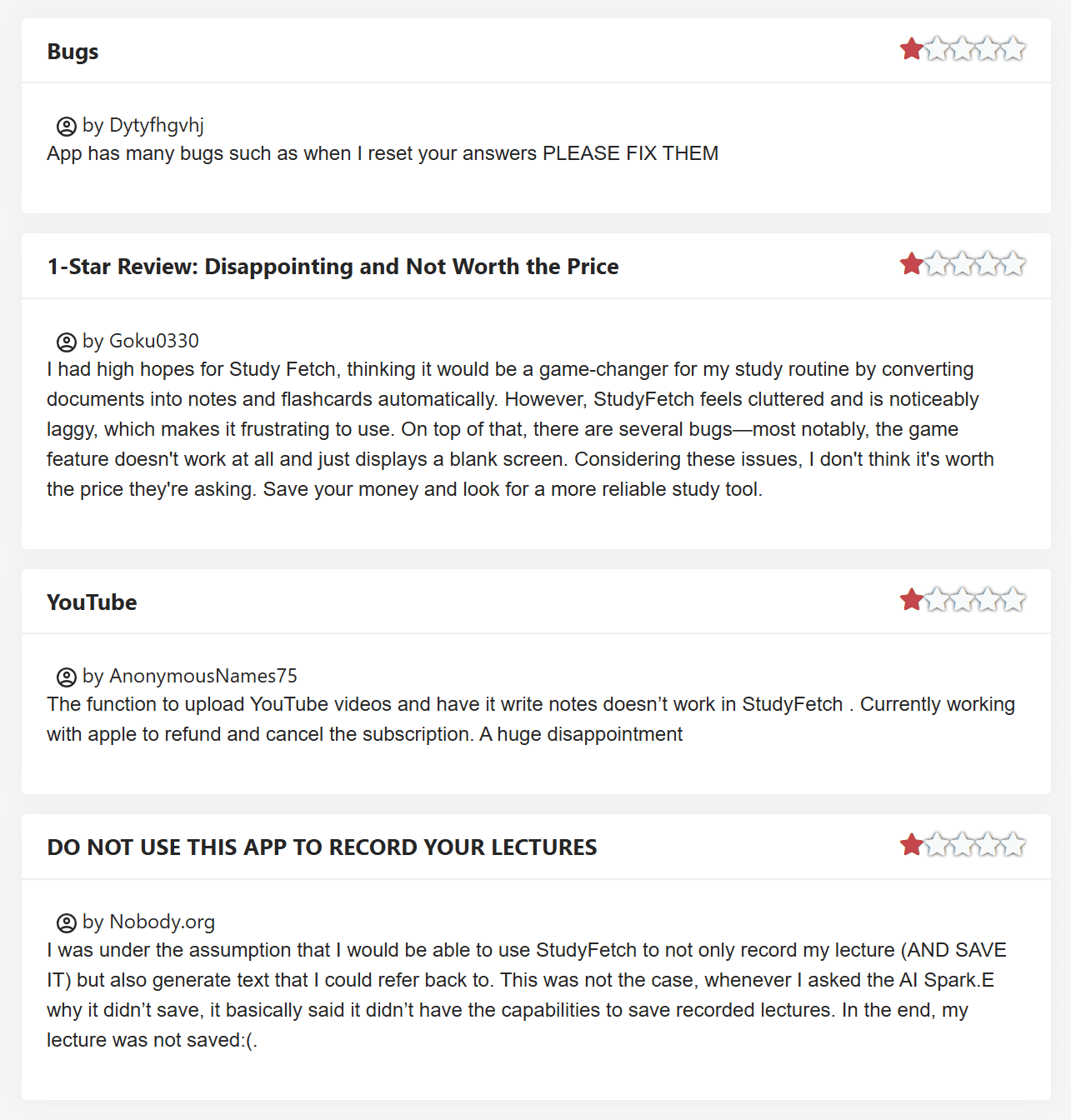 Негативні відгуки про StudyFetch на JustUseApp