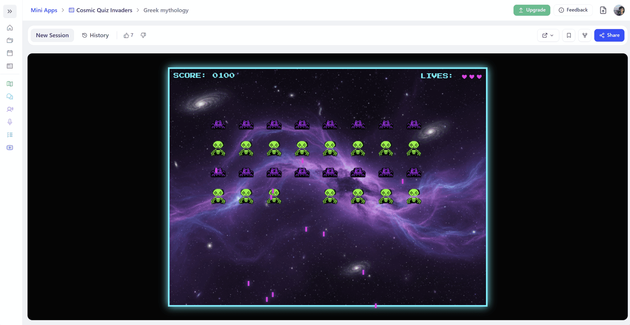 Скріншот гри «Cosmic Quiz Invaders» — клону «Space Invaders» від StudyFetch.
