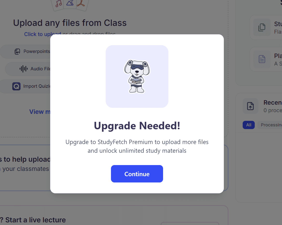 Знімок екрана з платною сторінкою StudyFetch після спроби завантажити занадто багато файлів.