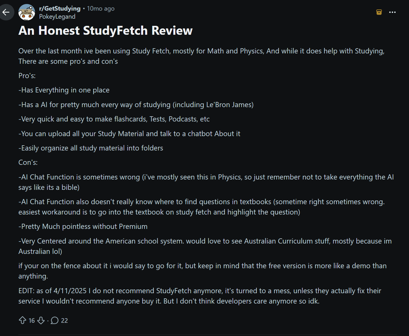 Допис на Reddit: чесний відгук про StudyFetch