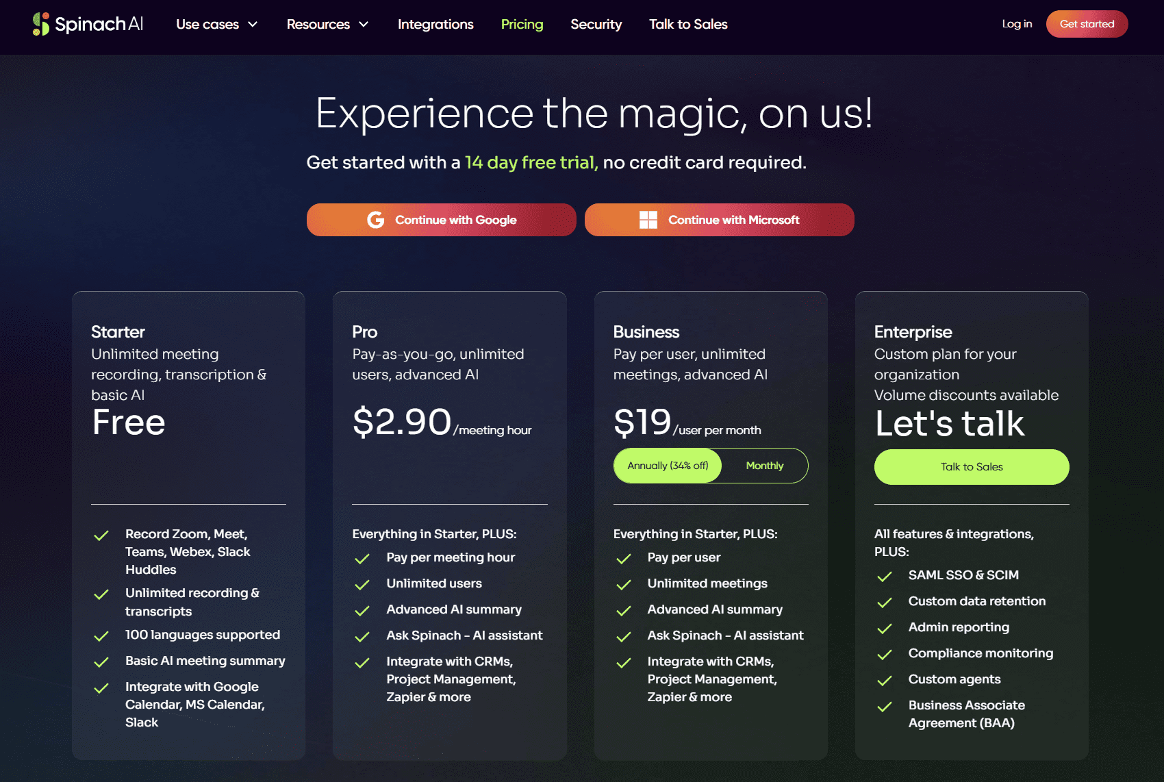 Spinach AIの料金ページのスクリーンショット