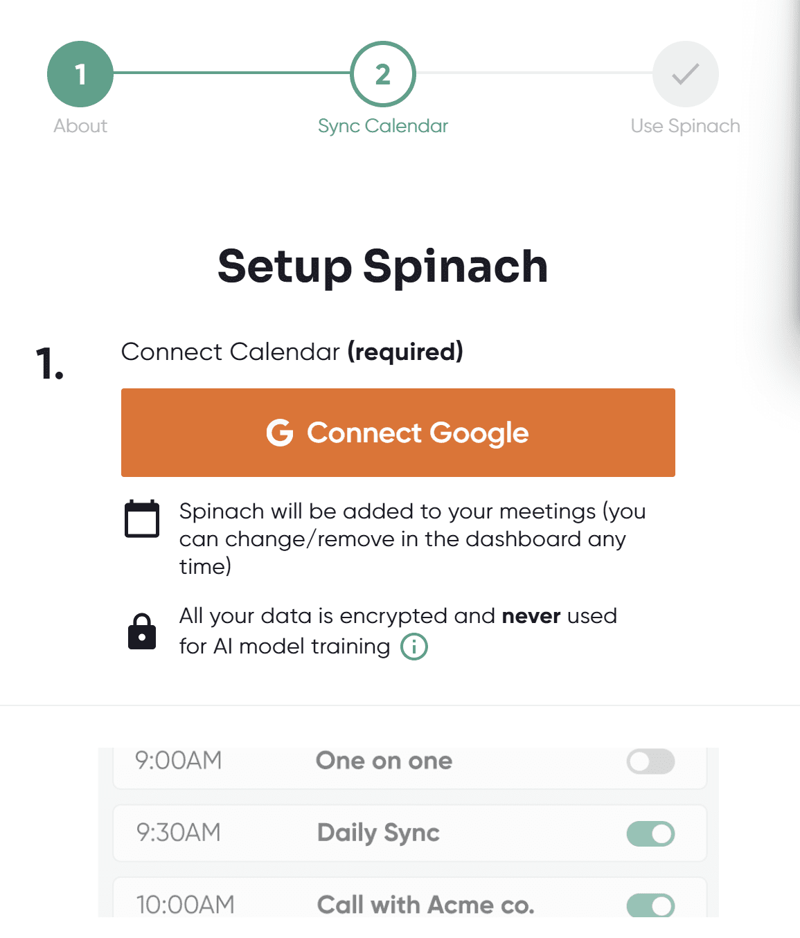 Spinachのオンボーディング：カレンダーの同期。