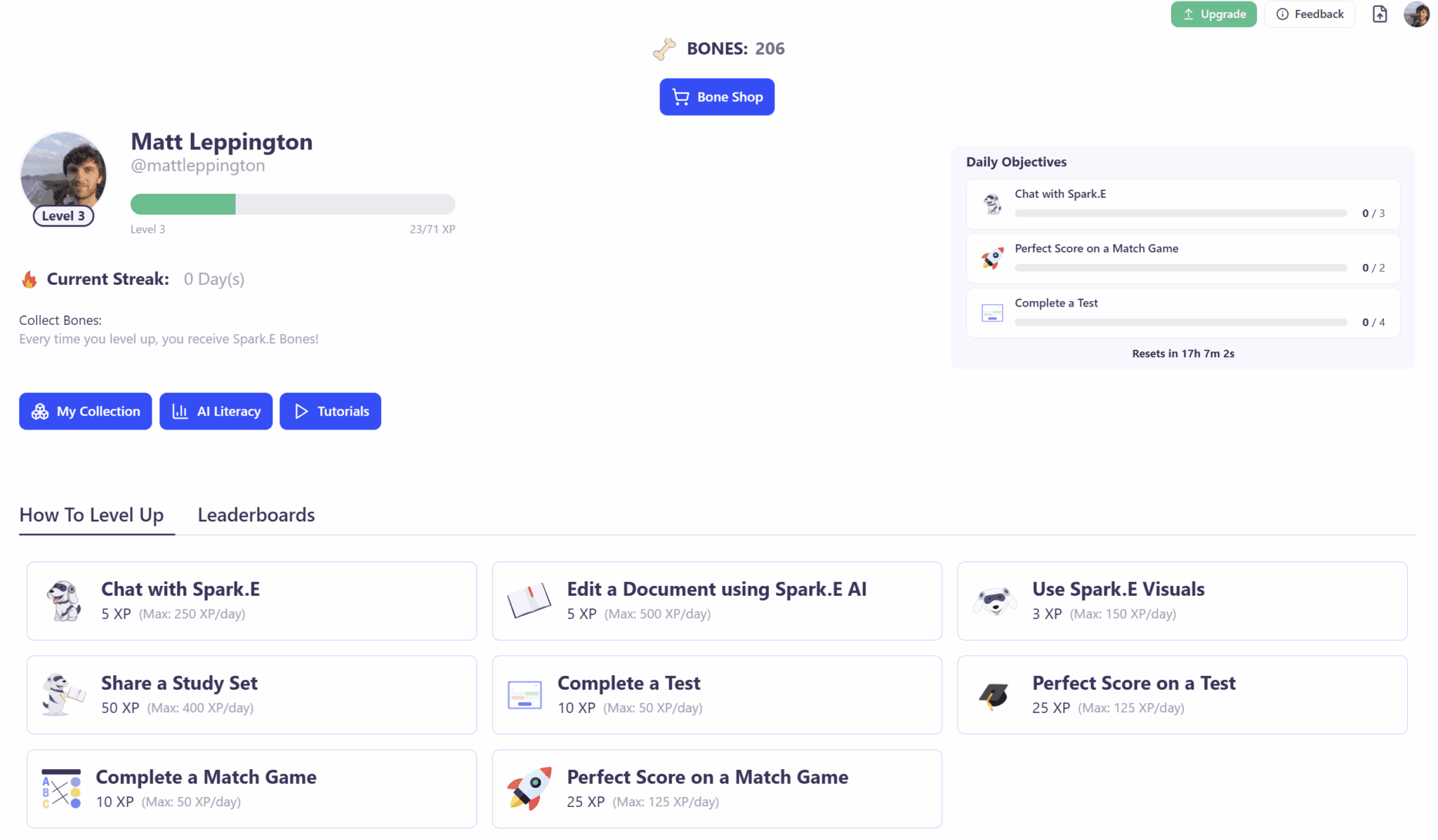 Знімок екрана з ігровими елементами StudyFetch у розділі «Мій профіль».