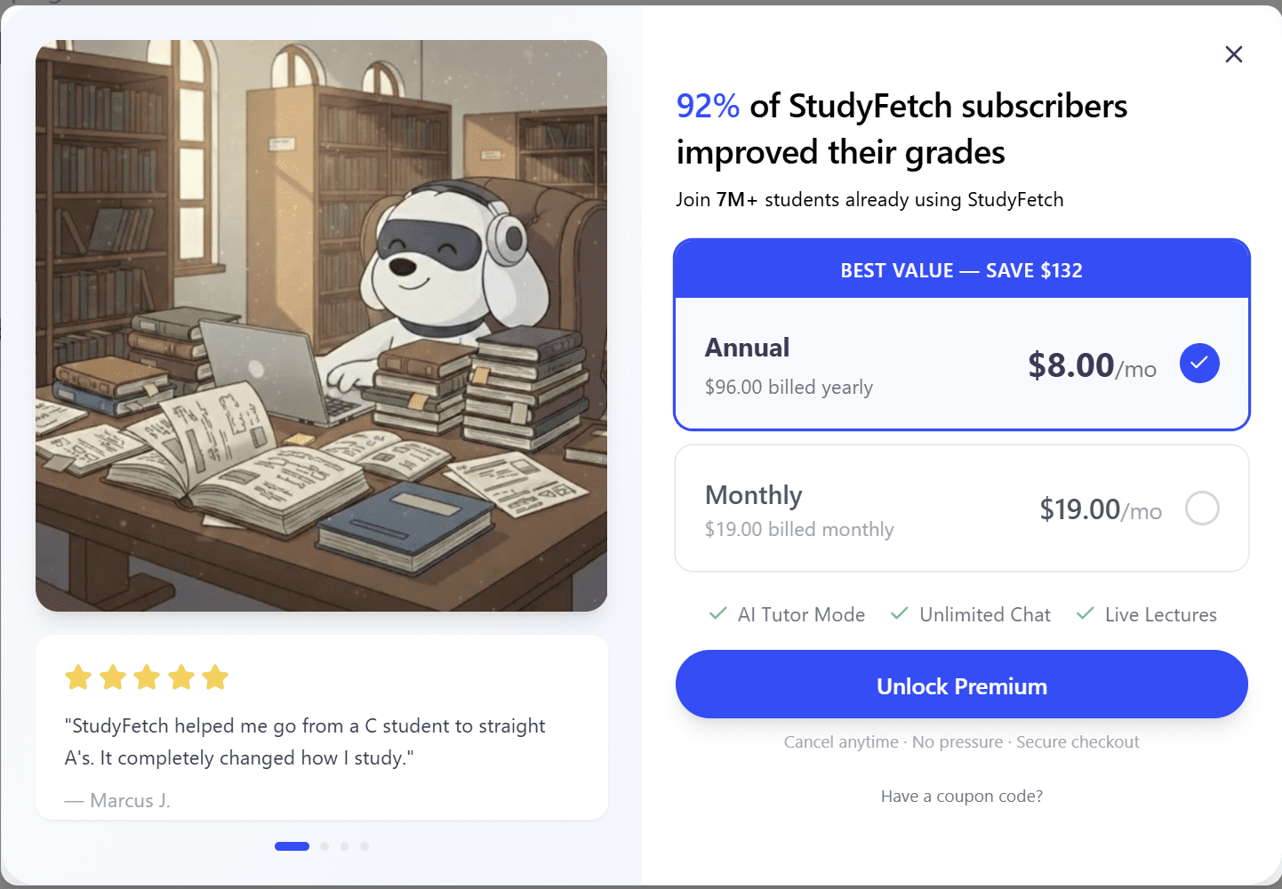 Ціни на StudyFetch станом на березень 2026 року.