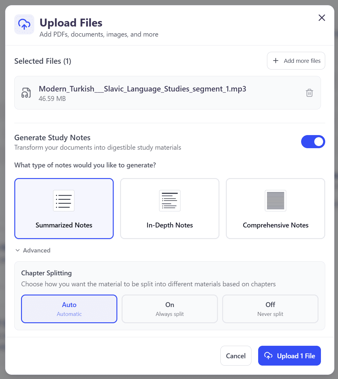 Знімок екрана з вікном завантаження файлів у StudyFetch.