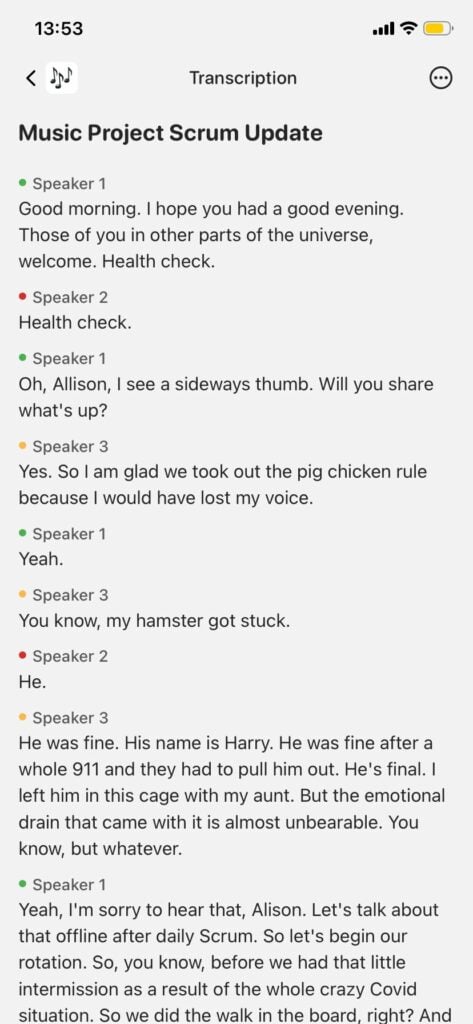 Снимок экрана: вид необработанной транскрипции с цветовой кодировкой: говорящий 1 (зеленый), говорящий 2 (красный), говорящий 3 (оранжевый) — обратите внимание на ошибку восприятия «pig chicken rule» в первой строке говорящего 3. Это стоит знать, если вам нужны точные транскрипции для юридических, медицинских или нормативных целей: слой искусственного интеллекта Notee часто маскирует эти ошибки, но в исходной транскрипции они остаются.