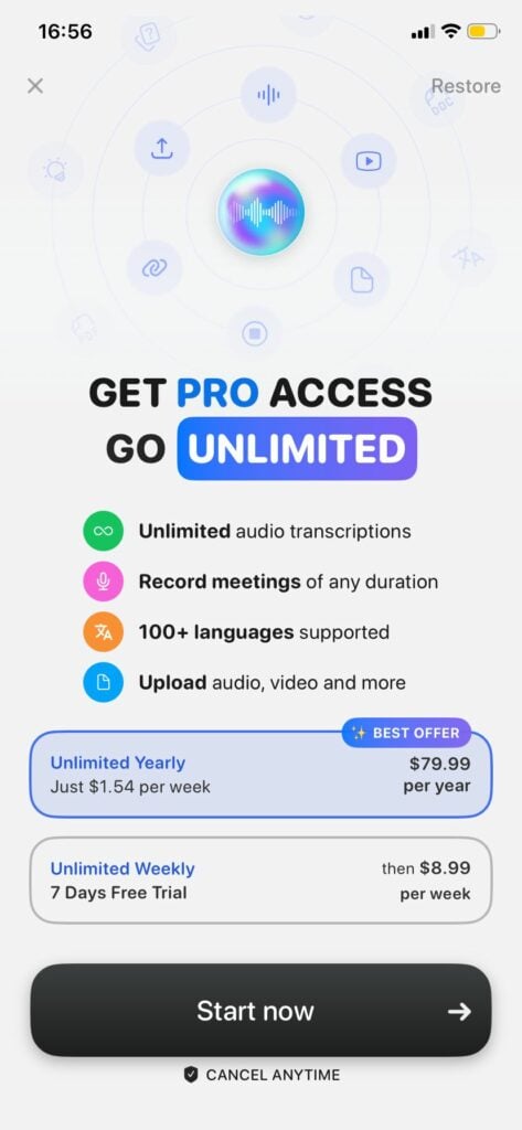 Screenshot: paywall dell'app Notee che mostra l'abbonamento annuale illimitato a 79,99 $/anno e quello settimanale illimitato a 8,99 $/settimana dopo 7 giorni di prova gratuita — nessun livello gratuito disponibile.