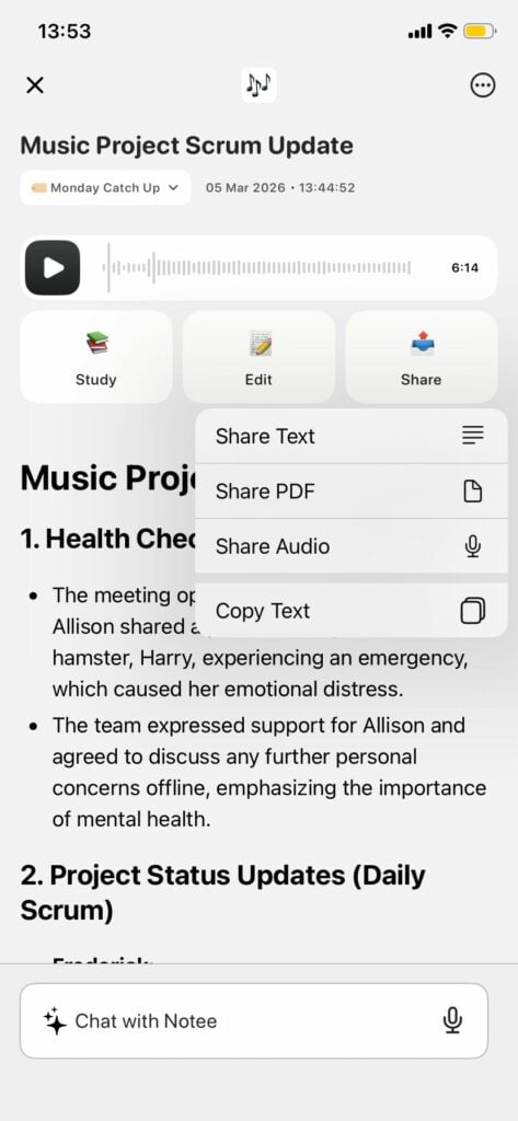 Снимок экрана: раскрывающийся список «Поделиться», в котором отображаются опции «Поделиться текстом», «Поделиться PDF», «Поделиться аудио», «Копировать текст»
