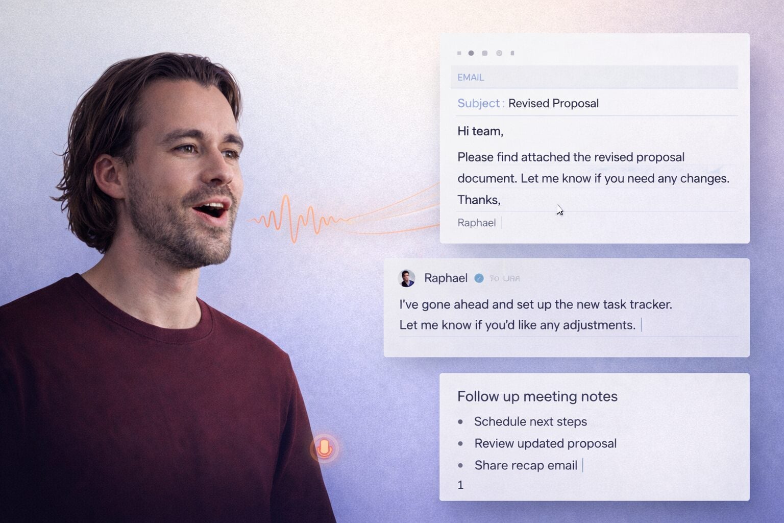 ラファエルが自然に話すと、Wispr Flowがその声をリアルタイムでメールや会議のメモに変換します