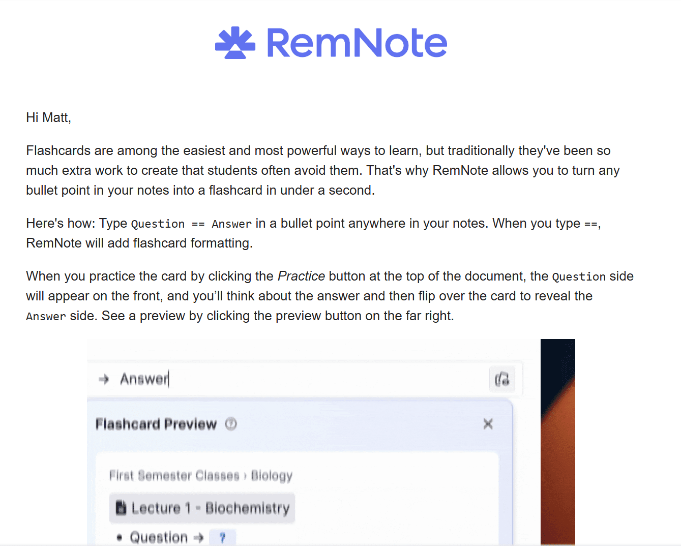 RemNote welcome email explaining how to make flashcards in seconds.