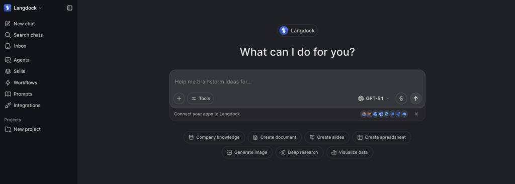 Langdock AI platform enterprise dashboard overview showing main workspace interface