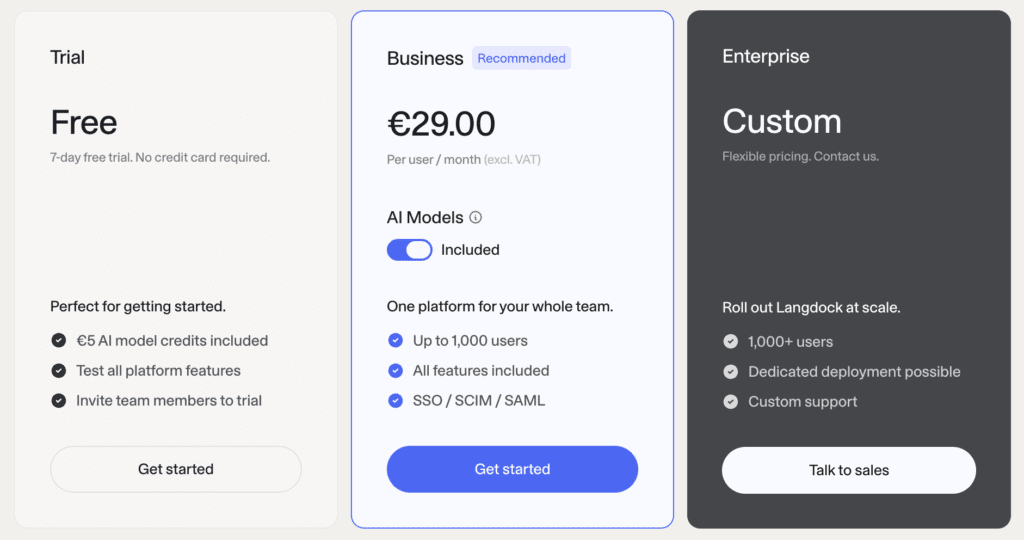 langdock pricing tiers monthly in 2026
