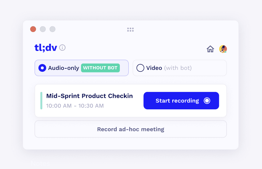 tl;dv o aplicativo tl;dv exibe a opção “Somente áudio” SEM o modo BOT selecionado, com o botão “Iniciar gravação”