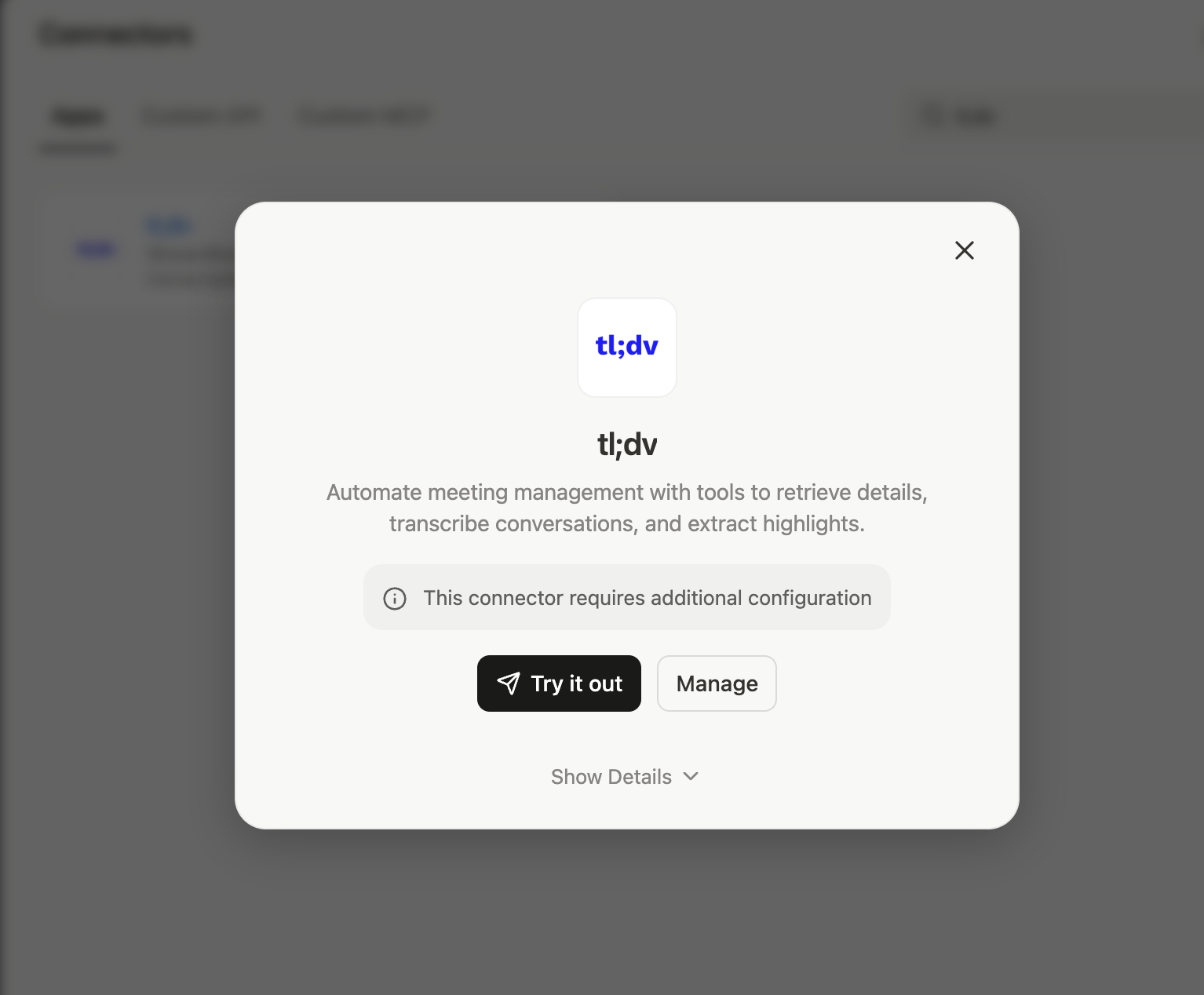 manus-ai-tldv-connector-connected