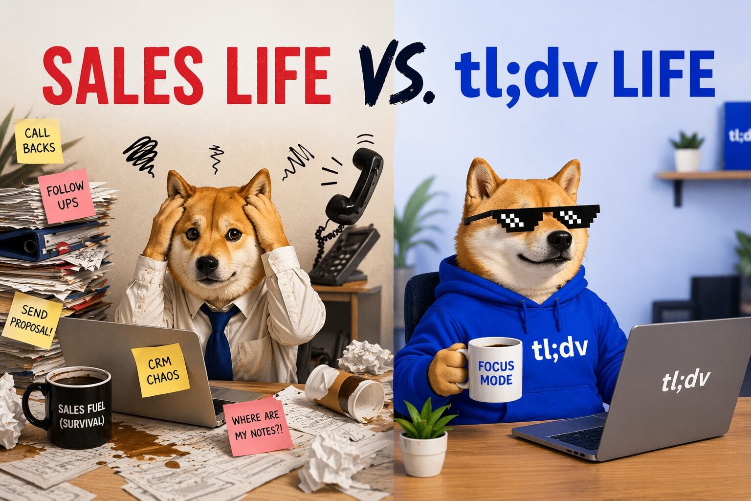 sales memes doge depicted using a stressful sales situation and doge using tldv and life is good