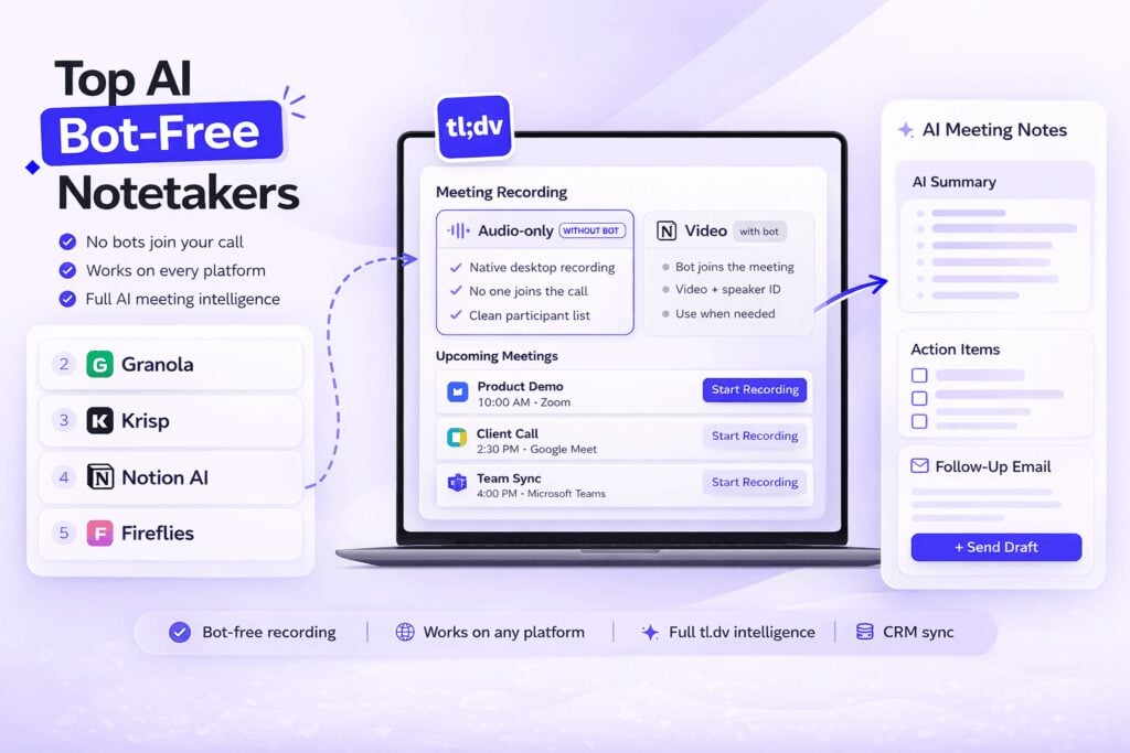 tl;dv  Anotador de Reuniões com IA , tl;dv , que oferece o modo somente áudio para reuniões no Zoom Google Meet Teams