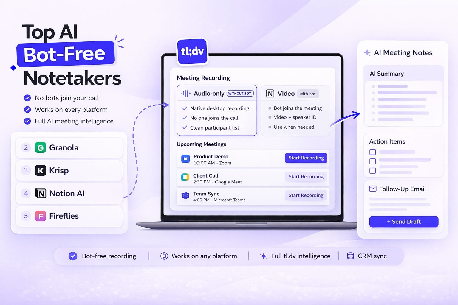 tl;dv  Anotador de Reuniões com IA , tl;dv , que oferece o modo somente áudio para reuniões no Zoom Google Meet Teams