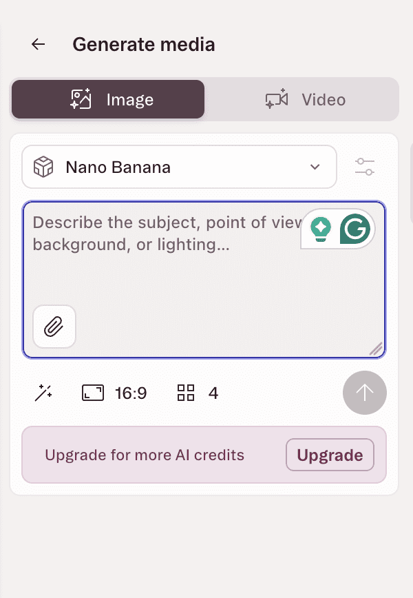 O painel de geração de imagens do Descript exibindo a mensagem "Atualize para obter mais créditos de IA", que é o que você vê quando a cota do plano gratuito se esgota no meio do projeto