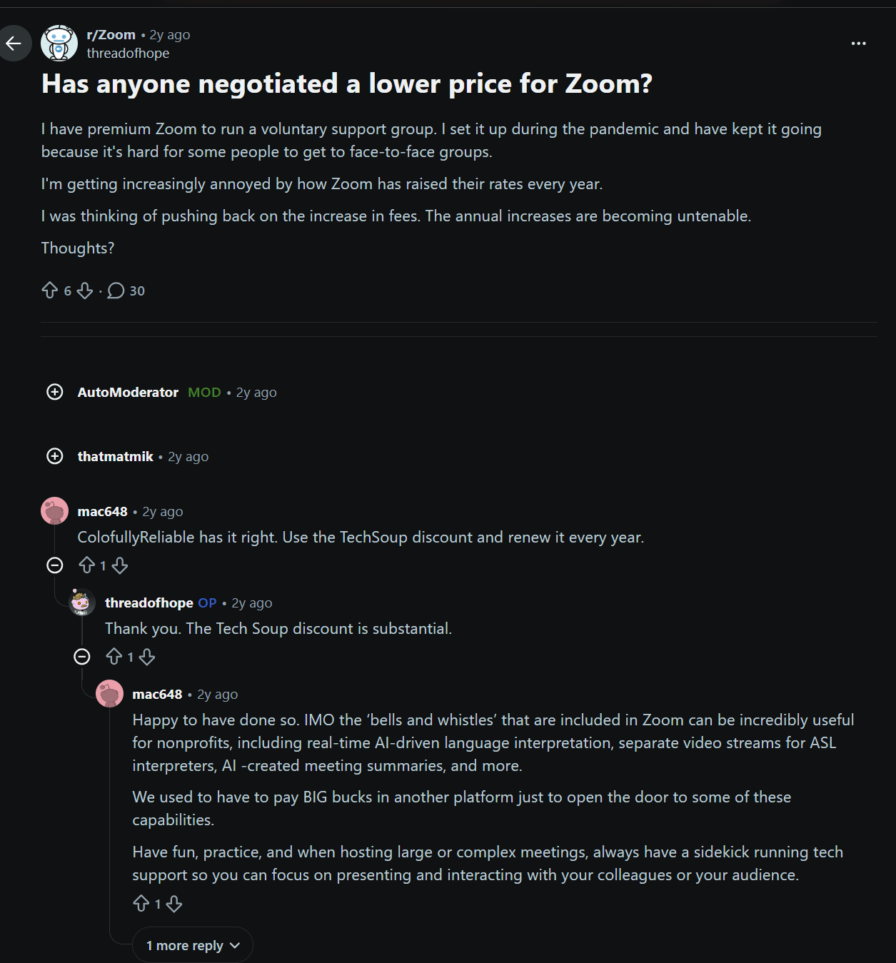 Una discussione su Reddit sulla negoziazione con Zoom