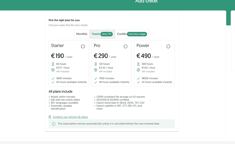 Roczne ceny pakietów Amberscript: Starter – 190 €, Pro – 290 €, Power – 490 € rocznie z 17-procentową zniżką