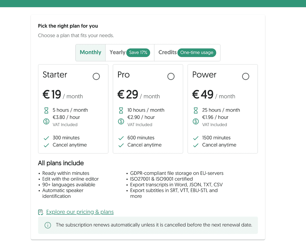 Ceny miesięczne Amberscript: Starter – 19 €, Pro – 29 €, Power – 49 € miesięcznie; w każdym przypadku można zrezygnować w dowolnym momencie