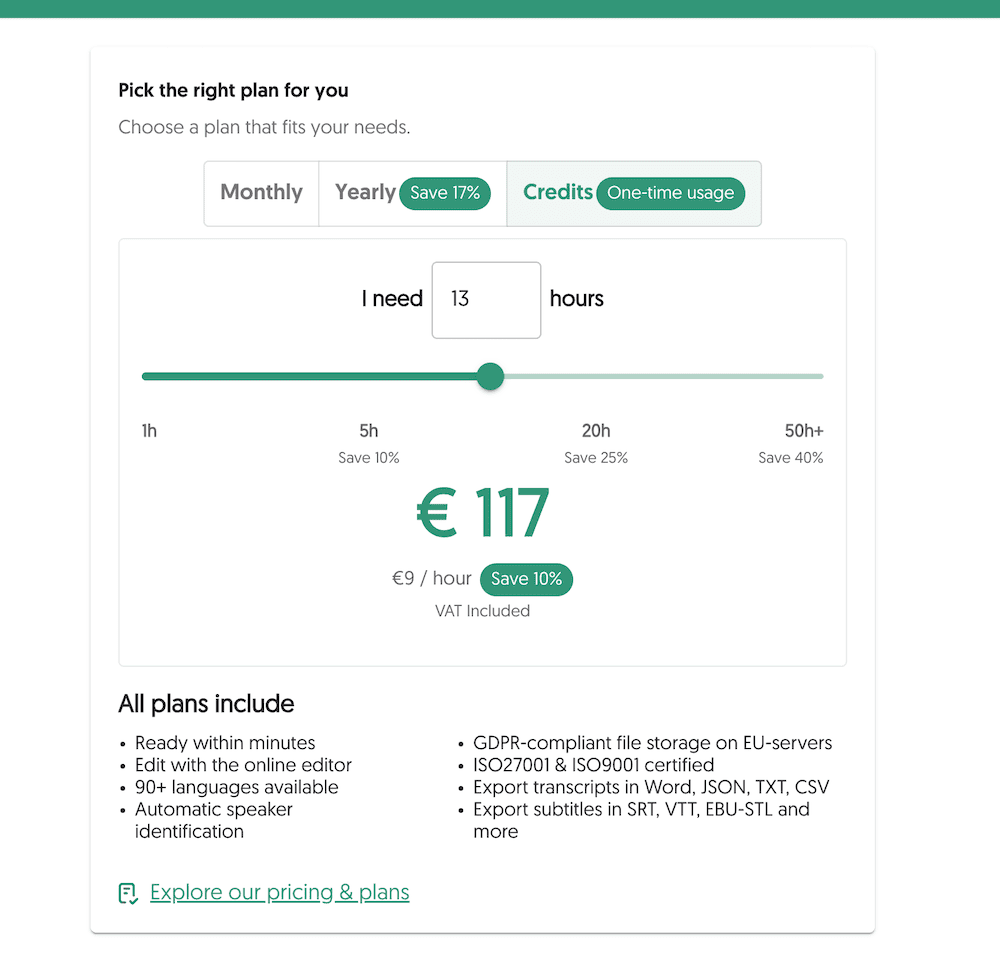 Suwak wyceny jednorazowego kredytu w Amberscript ustawiony na 13 godzin za 117 euro, po 9 euro za godzinę