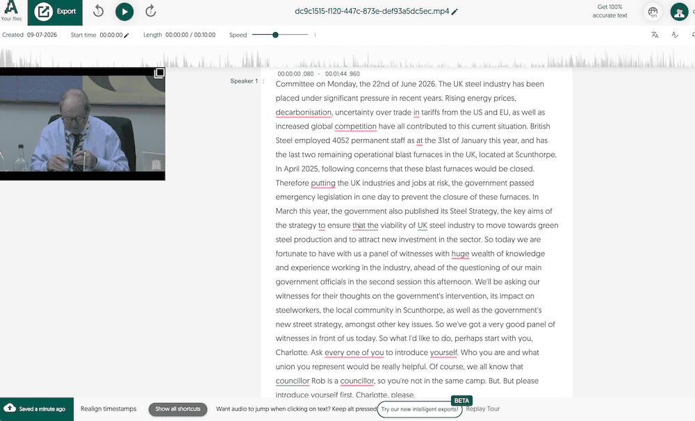 Edytor Amberscript podczas transkrypcji posiedzenia komisji ds. British Steel, w którym zamiast „strategia stalowa” (jak w protokole) pojawia się „strategia uliczna”