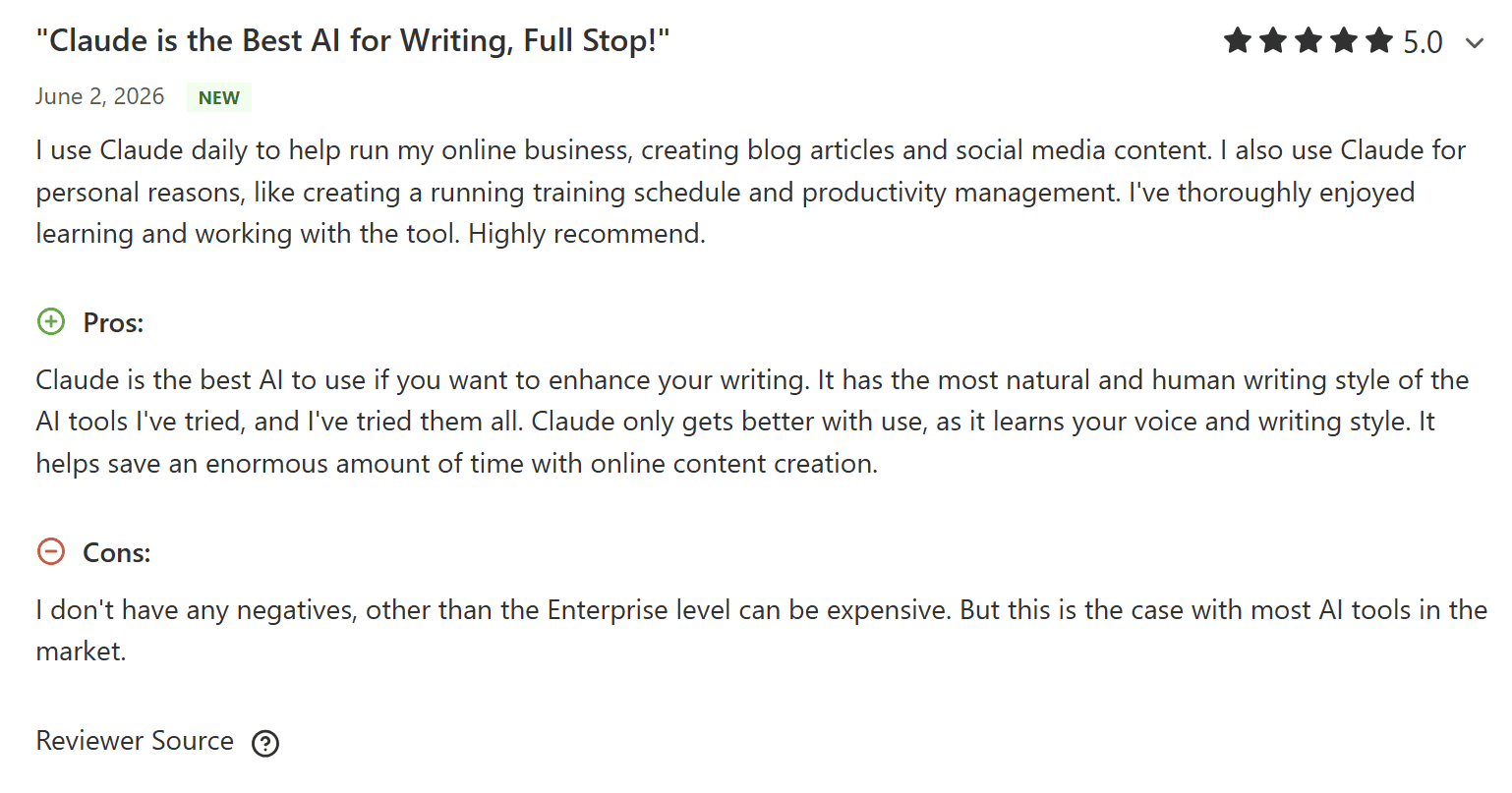Another 5-star Capterra review that criticises Claude's Enterprise tier pricing