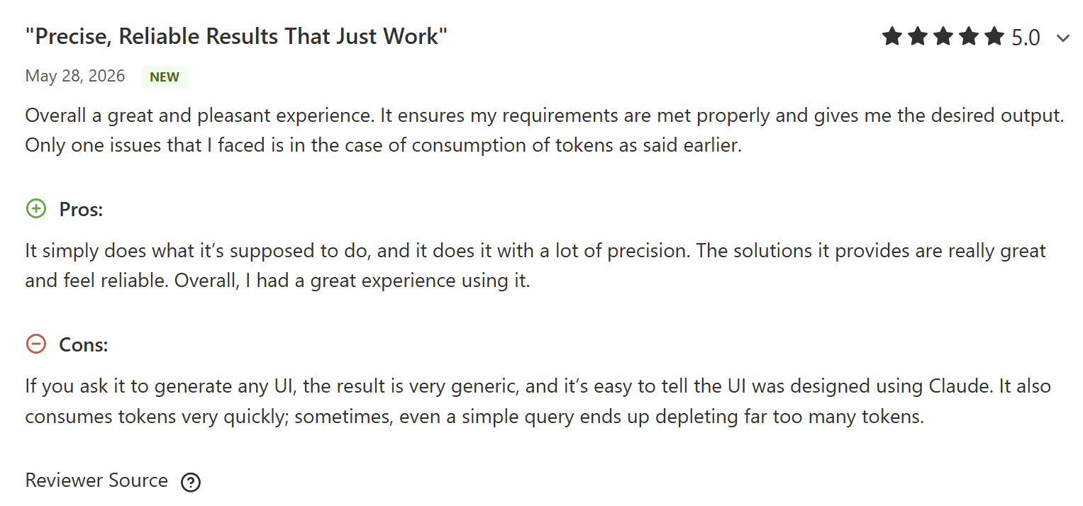 Capterra 5-star review of Claude that criticises token usage