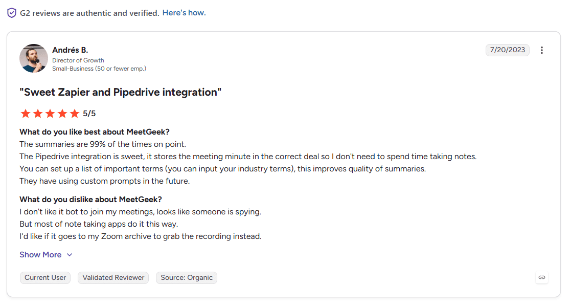MeetGeek positive review on G2.