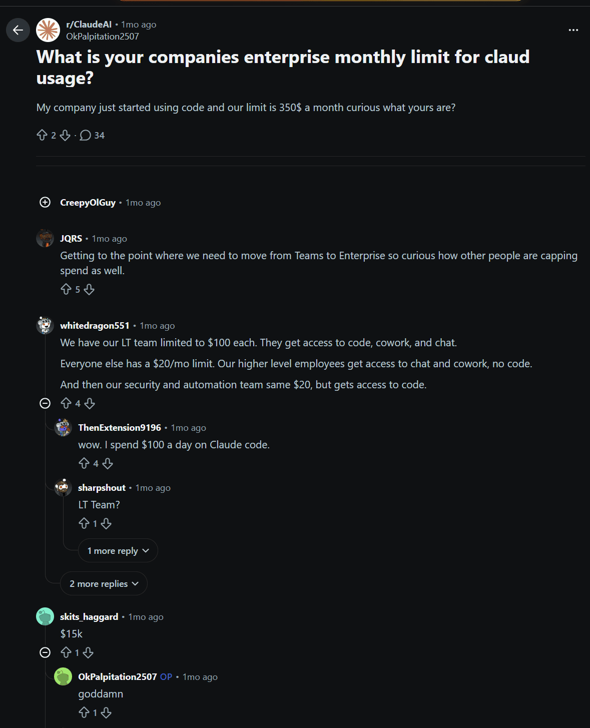 A Reddit thread about Claude's Enterprise pricing comparisons